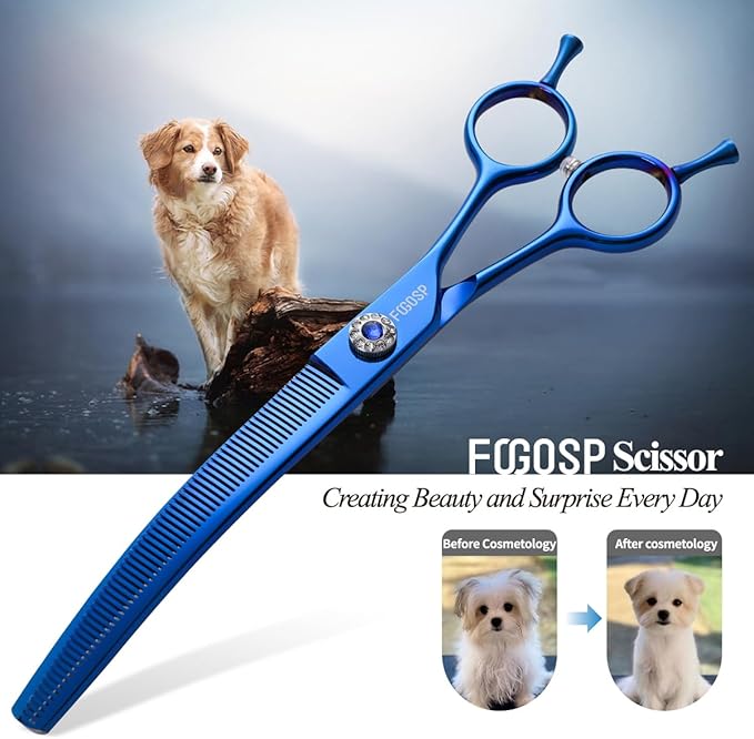 Professional Curved Thinning Shears Dog Grooming Scissors 7.25'' Blue Curved Blender Shears for Grooming Large Dogs Pet 66 Teeth Japan 440C(Curved Thinning)