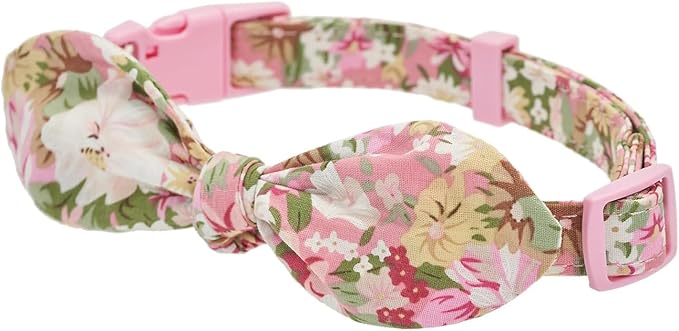 Cotton Dog Collar Soft Lightweight with Hand-Tied Knot Bow for Small Dogs.(S, Pink Floral)