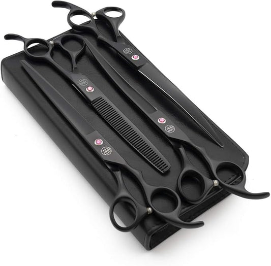Moontay Professional 8.0" Dog Grooming Scissors Set, 4-pieces Straight, Upward Curved, Downward Curved, Thinning/Blending Shears for Dog, Cat and Pets, JP Stainless Steel, Black