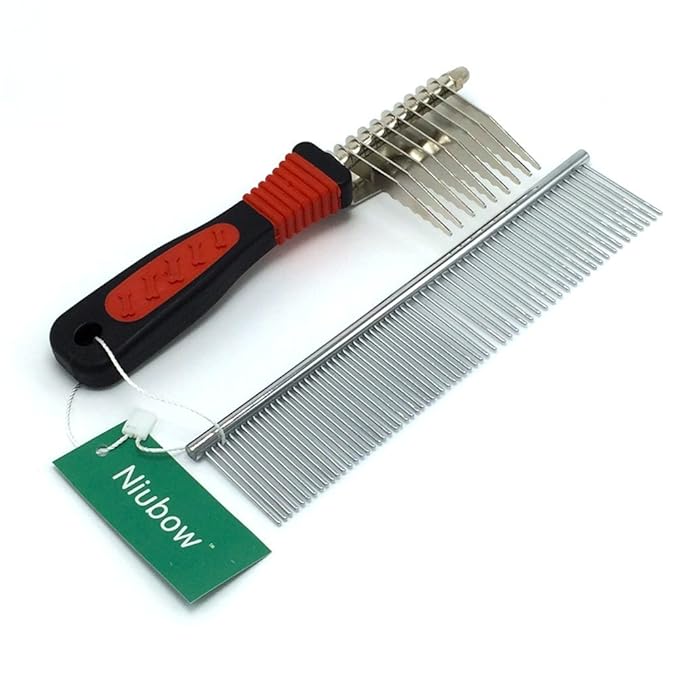 Pet Grooming Tools: Stainless Steel Grooming Comb + Dematting Comb, Great Pet Dog Cat Fur Grooming Tool for Mats & Tangles Shedding (Dematting Comb + Grooming Comb)