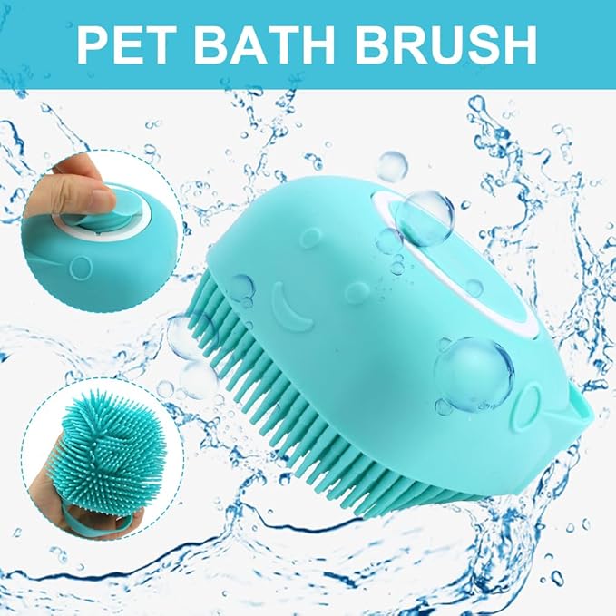 iayokocc 2Pcs Dog Cat Bath Brush Soft Silicone Dog/Puppy Massage Brush Hair Fur Grooming Cleaning Brush with Shampoo Dispenser,for Long Short Haired Pets,with 2Pcs Pet Flea Comb.