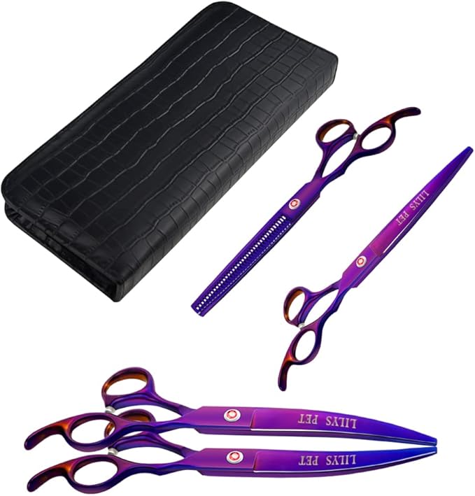 LILYS PET Professional PET DOG Grooming Coated Titanium scissors suit Cutting&Curved&Thinning shears (8.0 inches, Purple)…
