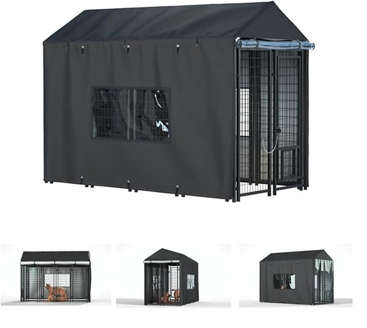 Outdoor Dog Kennel Cover - 8.1'D x 4.1'W x 6'H. All-weather waterproof protection for multiple brands of kennels of the same size, Black
