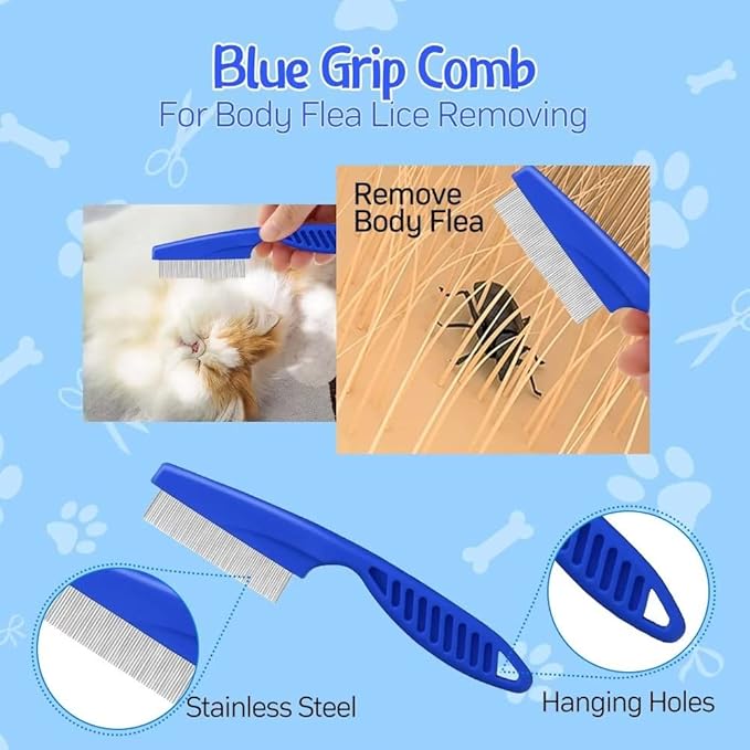 Pet Grooming Comb Kit - Flea Combs for Dog and Cat, 5Pcs Lice Combs and Tear Stain Remover Comb with Stainless Steel Teeth, Professional Pet Grooming Tool with Portable Bag for Removing Knots & Tangle