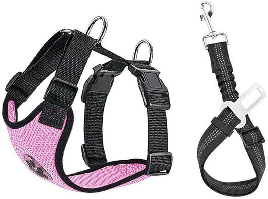 SlowTon Dog Seat Belt Harness for Car, Dog Car Harness Adjustable Mesh Breathable & Dog Seatbelt Safety Tether with Elastic Bungee for Small Medium Large Pets(Pink, Single Clip, XXXS)