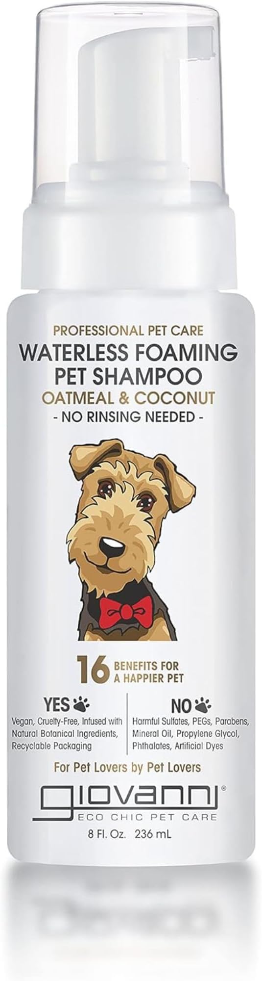 GIOVANNI Professional Foaming Waterless Pet Shampoo - Oatmeal & Coconut Helps Neutralize Odors, Cleanses, Silkens, Controls Static, Freshens Fur - 8 oz