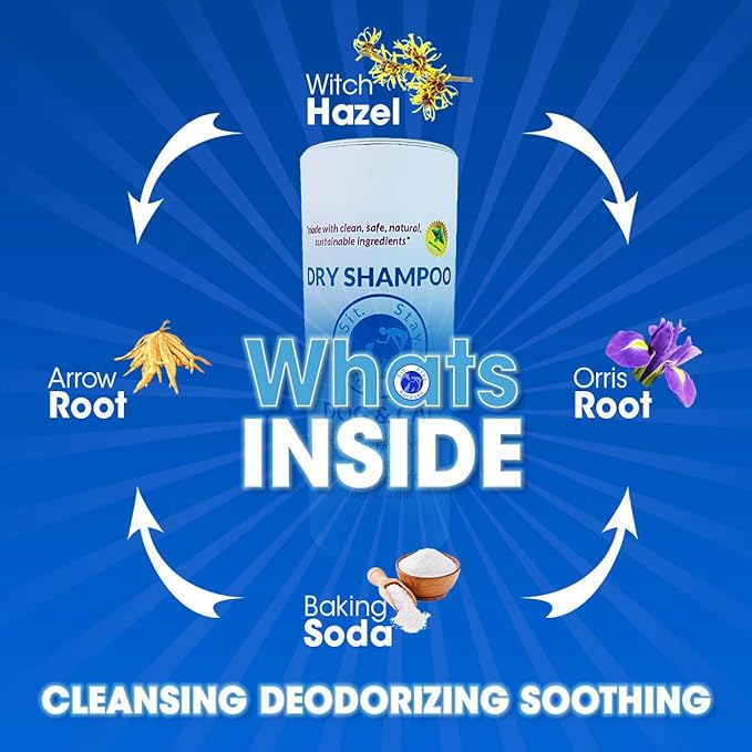 Sit. Stay. Forever. Natural, Dry Powder Shampoo for Dogs & Cats, Organic, Non-Toxic, Hypoallergenic Dog Deodorizer Powder, Anti-Itch & Odor Control, Easy No-Rinse Formula, Safe for Sensitive Skin