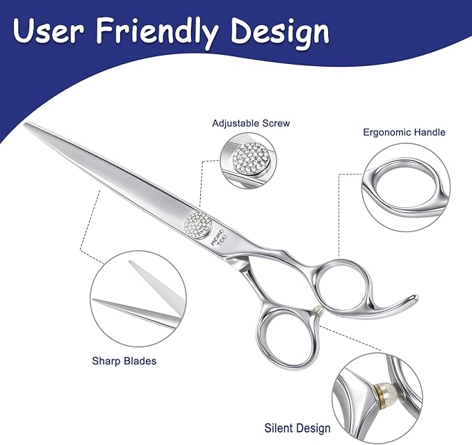 Professional Straight Dog Grooming Scissors with Simulation Diamond 440C Stainless Steel Polished Pet Cat Hair Cutting Shears for Groomers and Home users 7''