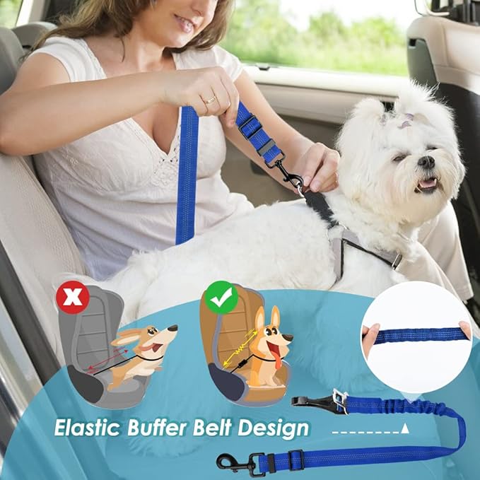 Lukovee Dog Seatbelt Leash for Cars, 2 Pack Pet Safety Car Seat Belt with Adjustable Buckle & Reflective Bungee, Connect Dog Harness in Vehicle Car Dogs Restraint Travel Daily Use (Blue)