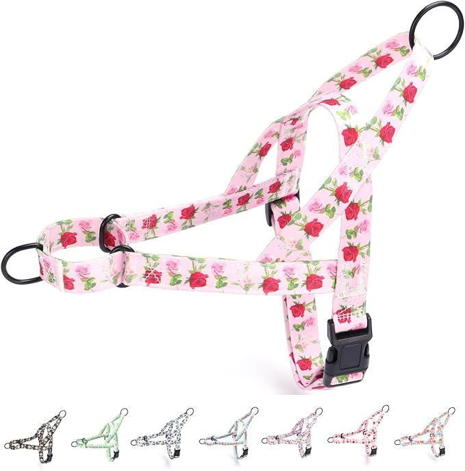 No Pull Dog Harness for Small, Medium, and Large Pets - Floral Pattern Nylon Safety Training Dog Harness (L, Roses)