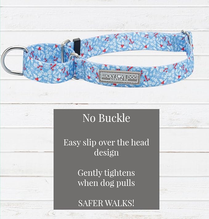 Lucky Love Dog Winter Themed Martingale Collar, Premium No Slip Collar, Snowflake Christmas Martingale Collar for Large Dogs - (Winterblue No Slip, L)