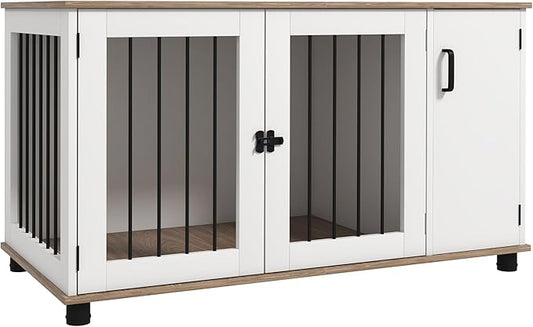 PawHut Dog Crate Furniture Side End Table with Storage, Dog Kennel Furniture Indoor with Double Doors for Medium and Large Dogs, Walnut