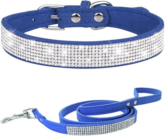 Bling Small Dog Collar Leash Set, Puppy Collar with Rhinestone Crystal Diamond Glitter Female Girls Cat Collars for XXS XS Small Medium Large Dogs Chihuahua Poodle Yorkshire (Blue S)