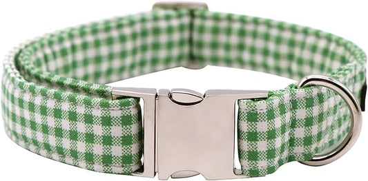 Lionet Paws Dog Collar, Comfortable Adjustable Cute Collar with Metal Buckle for Male Female Dogs Gift, Green&White Grid Pattern, Small, Neck 10-16 inches