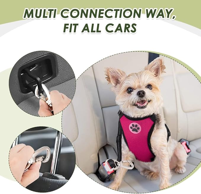 SlowTon Dog Seat Belt Harness for Car, Dog Car Harness Adjustable Mesh Breathable & Dog Seatbelt Safety Tether with Elastic Bungee for Small Medium Large Pets(Fuchsia, Double Clip, XXXS)