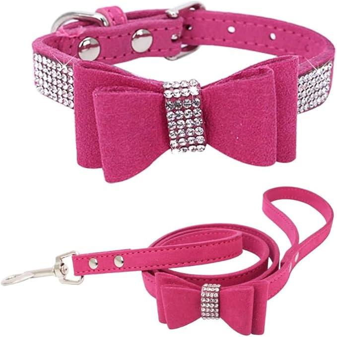 Rhinestone Bowtie Small Dog Collar and Leash Set, Diamond Puppy Collars Bow Crystal Bling Jeweled Glitter Girl Female Adjustable for XXSmall X-Small Small Medium Large Dogs (Rose Red-1,Large)