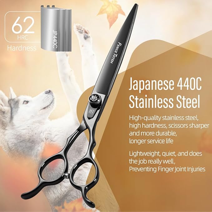 Dog Grooming Scissors: 7.5 inch Bright Black Pet Staright Shears Made Of Japanese 440C Advanced Stainless Steel Professional Grooming Scissors for Dogs Cats and Other Pets