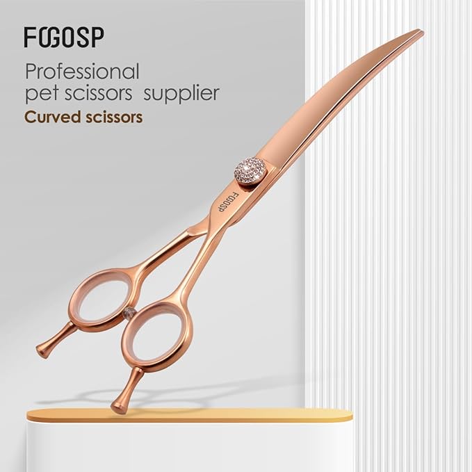 Rose Gold Titanium Curved Dog Grooming Scissors Reverse 7'' Downward 30° with Jewelled Screw Japan 440C Professional Pet Grooming Trimming Shears for Dogs Suzhi Teddy(7,Curved)