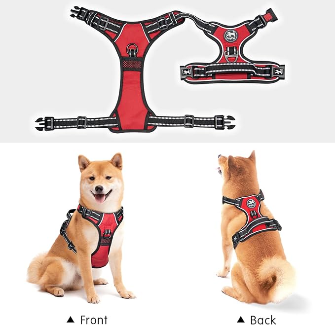 PoyPet No Pull Dog Harness, No Choke Front Clip Dog Reflective Harness, Adjustable Soft Padded Pet Vest with Easy Control Handle for Small to Large Dogs(Red,L)