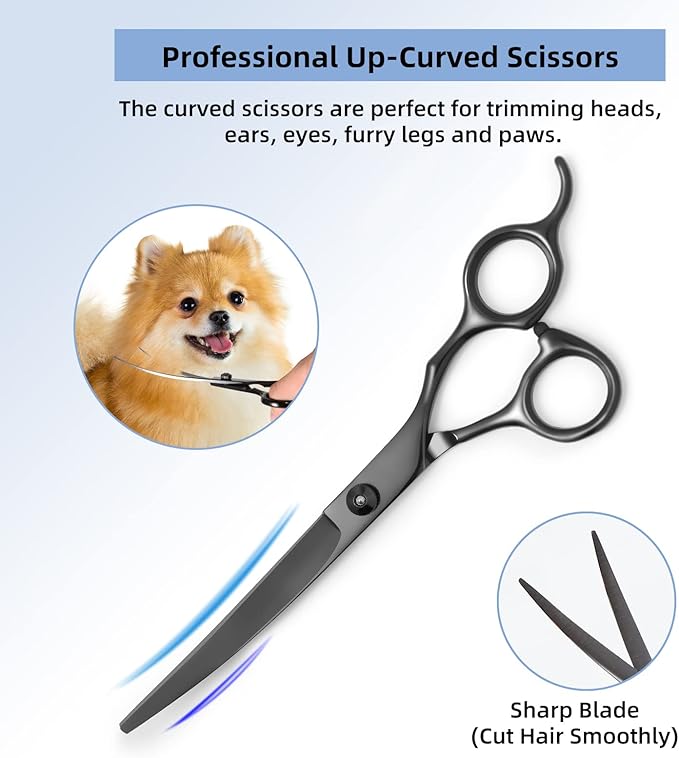8.0 in 9CR Titanium Professional dog grooming scissors set,Grooming Scissors for Dogs Cats,Pet nail clippers,Shears, Straight,Curved,Thinning Shears,Comb for Full Body,Face, Nose,Ear,Paw