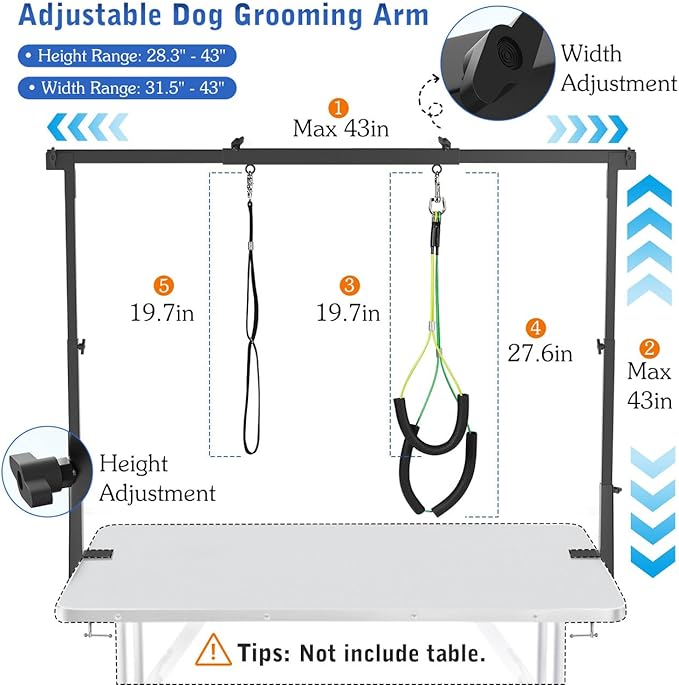 Pawaboo H-Shape Dog Grooming Table Arm with Adjustable Loops, 43'' Height Adjustable Pet Grooming Stand for Medium Large Pets, Heavy Duty Metal Holder