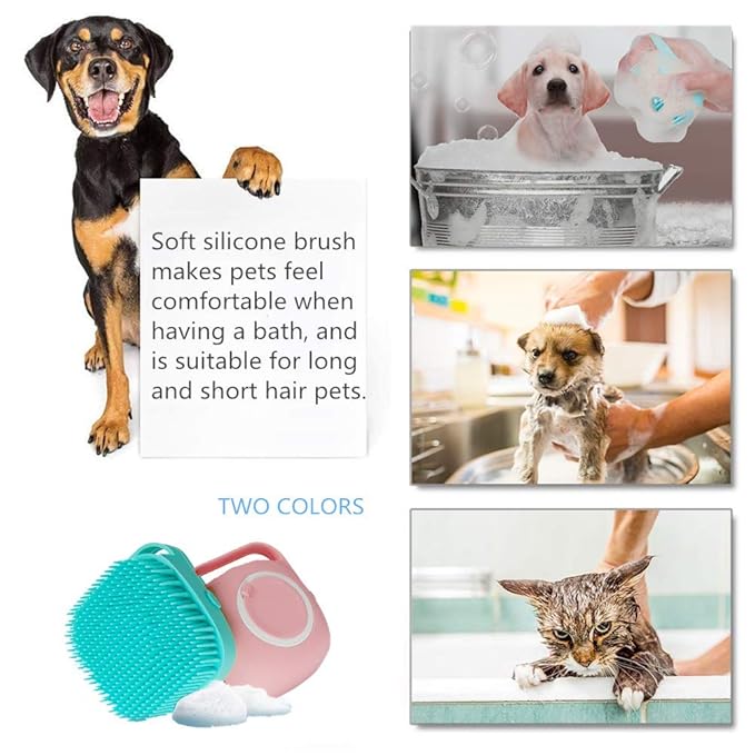 Portable Dog Bath Brush - Pet Massage Brush Shampoo Dispenser, Soft Silicone Brush Rubber Bristle for Dogs and Cats Shower Grooming (Pink)