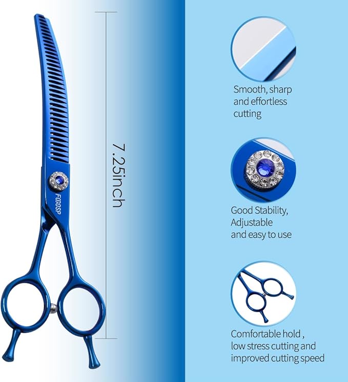 Professional Curved Chunkers Shears Dog Grooming 7.25'' Blue Curved Thinning Dog Grooming Scissors for Large Dogs Pet 35 Teeth Japan 440C(Curved Chunkers)