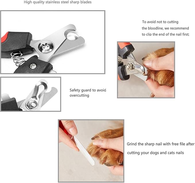 Pet Nail Clippers and Trimmers Set Safety Guard to Avoid Over Cutting Razor Sharp Blades Grooming Tool for All Small Large Dog Cat Red