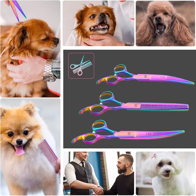 LILYS PET Professional PET DOG Grooming Coated Titanium scissors suit Cutting&Curved&Thinning shears (7.0 inches, Rainbow)…