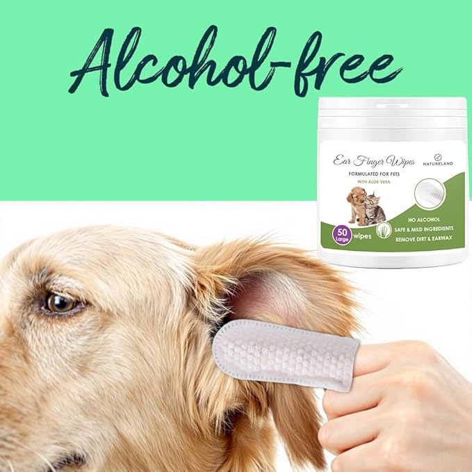 Natureland [60 pcs Finger Wipes] Dog & Cat Ear Finger Wipes - Otic Cleaning Wipes for Infections and Controlling Ear Infections and Ear Odor in Pets (60)