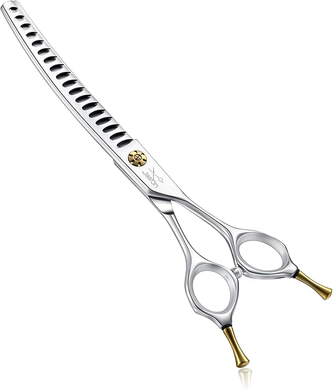 JASON Dog Scissors for Grooming - 7" Up-curved Chunker Shears with 65%-70% Thinning Rate, Professional Japanese 440C Stainless Steel Dog Grooming Chunkers with Adjustable Screw (18 Teeth, Silver)