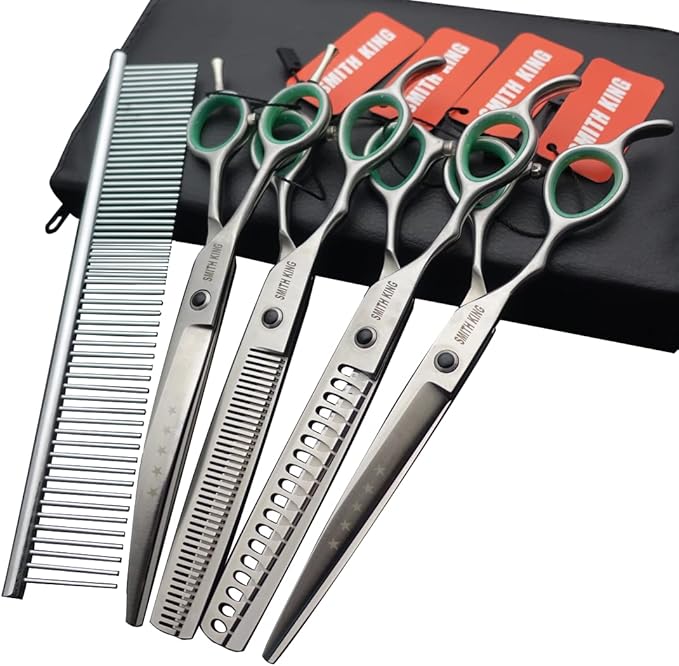 Professional Dog Grooming Shears Set Dogs Straight & thinning & Curved scissors & chunkers Scissorswith comb in 1 Set for Right-handed & Left-handed (7 In. Silvery Left-handed)