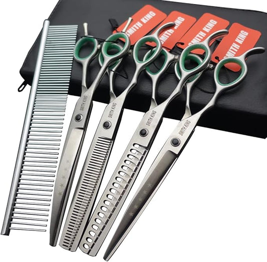 Professional Dog Grooming Shears Set Dogs Straight & thinning & Curved scissors & chunkers Scissorswith comb in 1 Set for Right-handed & Left-handed (7 In. Silvery Left-handed)