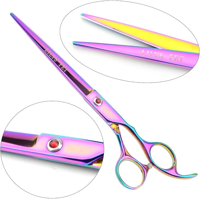 LILYS PET Professional PET DOG Grooming Coated Titanium scissors suit Cutting&Curved&Thinning shears (7.5 inches, Rainbow)…