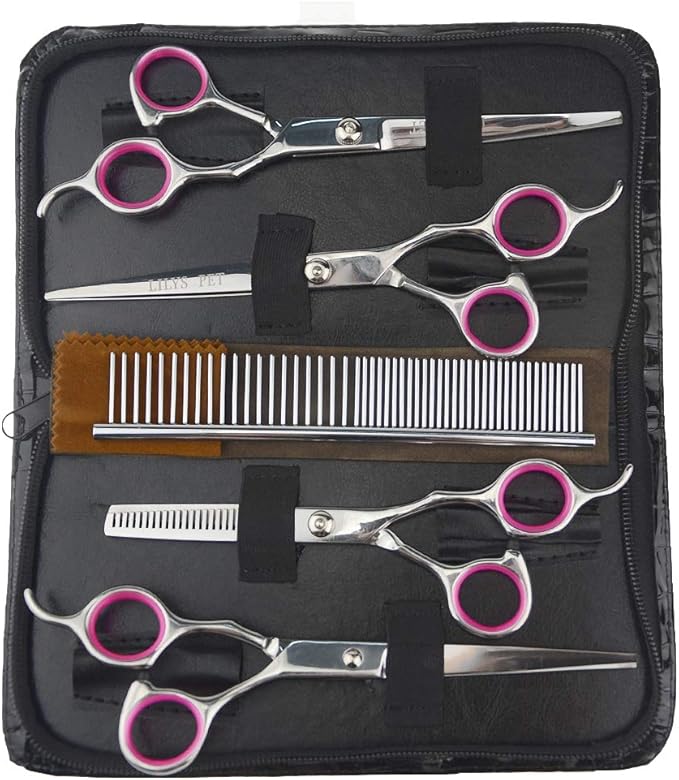 LILYS PET Professional PET DOG Grooming scissors suit,RED ring, Cutting&Curved&Thinning shears (7.0")