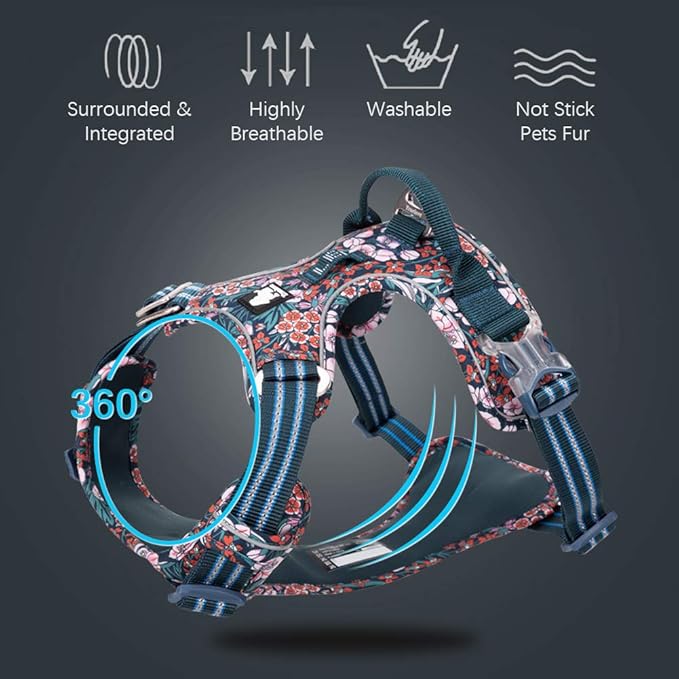 La La Pet® Floral No Pull Dog Harness Reflective Dog Vest Harness with Front & Back 2 Leash Clips and Easy Control Handle for Small Medium Large Dogs 3 Snap Buckles Easy to Put On & Take Off