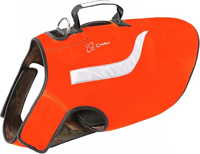 Coodeo Dog Hunting Vest Orange, Camo and Reversible Reflective Dog Tactical Harness Hound Jacket for Protection and Security, 4.5mm Neoprene Waterproof Safety Dog Vest Both Sides to Wear (Medium)
