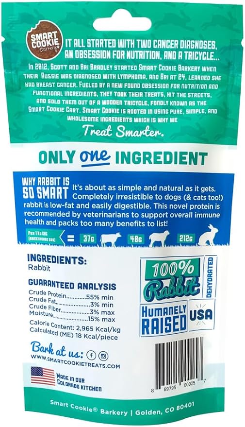Smart Cookie Single Ingredient Rabbit Jerky Dog Treats - Training Treat Strips for Dogs and Puppies with Allergies, Sensitive Stomachs - Dehydrated, 100% Meat, Grain Free, Made in USA - 3oz, Pack of 1