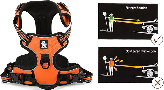 Soft Front Dog Harness .Best Reflective No Pull Harness with Handle and 2 Leash Attachments Orange