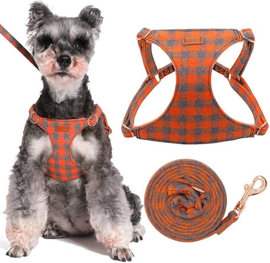Small Dog Harness and Leash Set, Plaid Puppy Dog Harness XXS, Soft Adjustable Harness for Extra Small-Medium Pet Dogs and Cat No Pull, Orange Plaid, XSmall