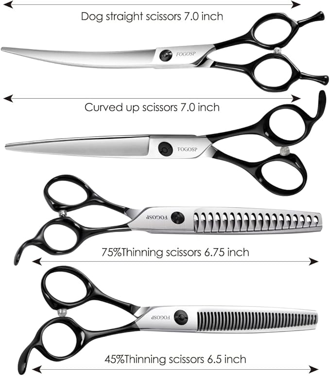 Professional Dog Grooming Scissors Kit 4pcs FOGOSP 7 inch Curved Thinning Straight Chunker Shears for Dogs Cat Pets (7 in Kit, Black)