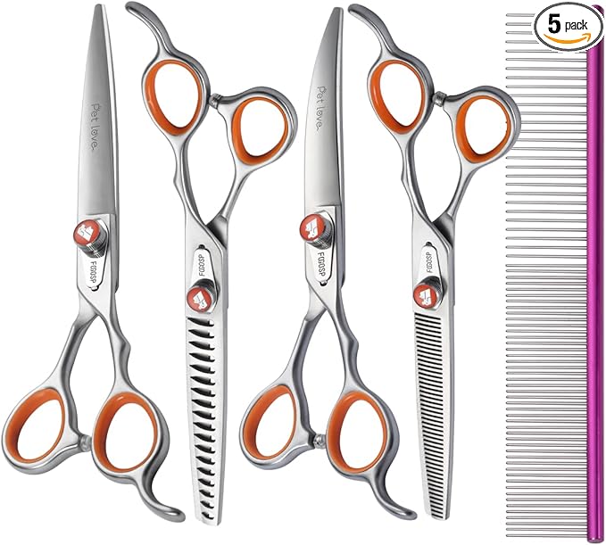 Professional Dog Grooming Scissors Kit Japan 440C Stainless Steel 7 in Curved Thinning Straight Chunker Shears and Comb 5pcs Set for Grooming Dogs Cat Pet
