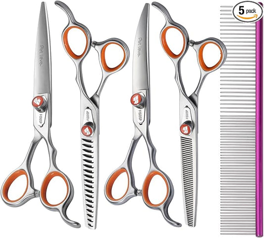 Professional Dog Grooming Scissors Kit Japan 440C Stainless Steel 7 in Curved Thinning Straight Chunker Shears and Comb 5pcs Set for Grooming Dogs Cat Pet