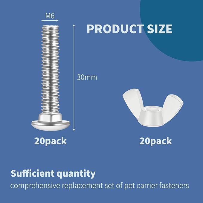 Therwen 20 Set M6 Pet Carrier Fasteners Set Dog Kennel Replacement Screws and Bolts Butterfly Nuts Dog Kennel Bolts Hardware Replacement Kit for Pet Carrier (White)