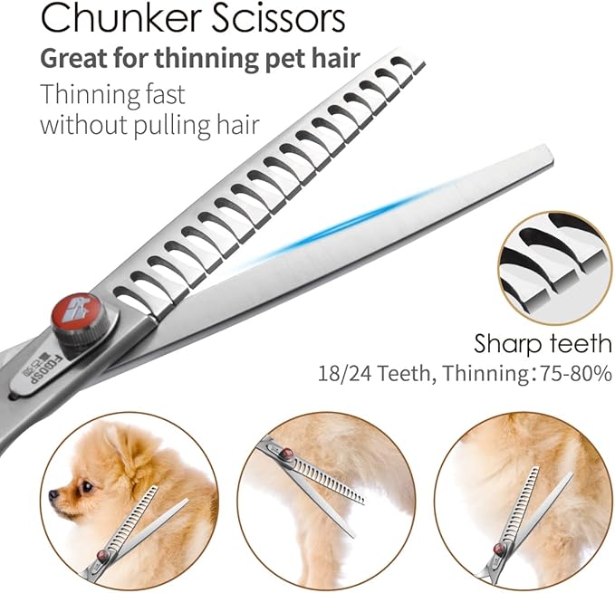 Professional Dog Grooming Scissors Kit Japan 440C Stainless Steel 7 in Curved Thinning Straight Chunker Shears and Comb 5pcs Set for Grooming Dogs Cat Pet