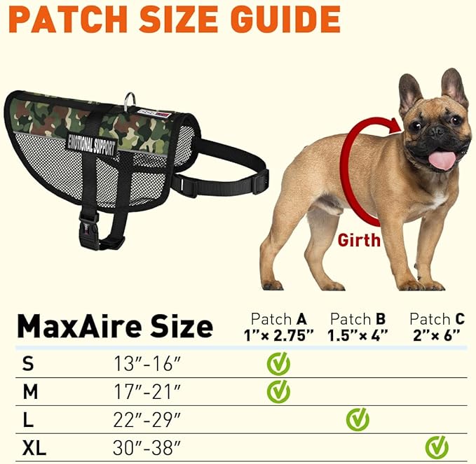 Dogline MaxAire Vest Emotional Support Removable Patch Adjustable Harness Reflective for Puppies Small Medium and Large Dogs 13 by 16 Inch Girth Green Camo