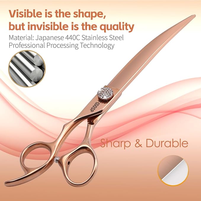 Rose Gold Titanium Professional Left Handed Curved Dog Grooming Scissors 8'' Downward 30° Japan 440C Pet Grooming Trimming Shears for Large Dog Poodle(8,Curved)