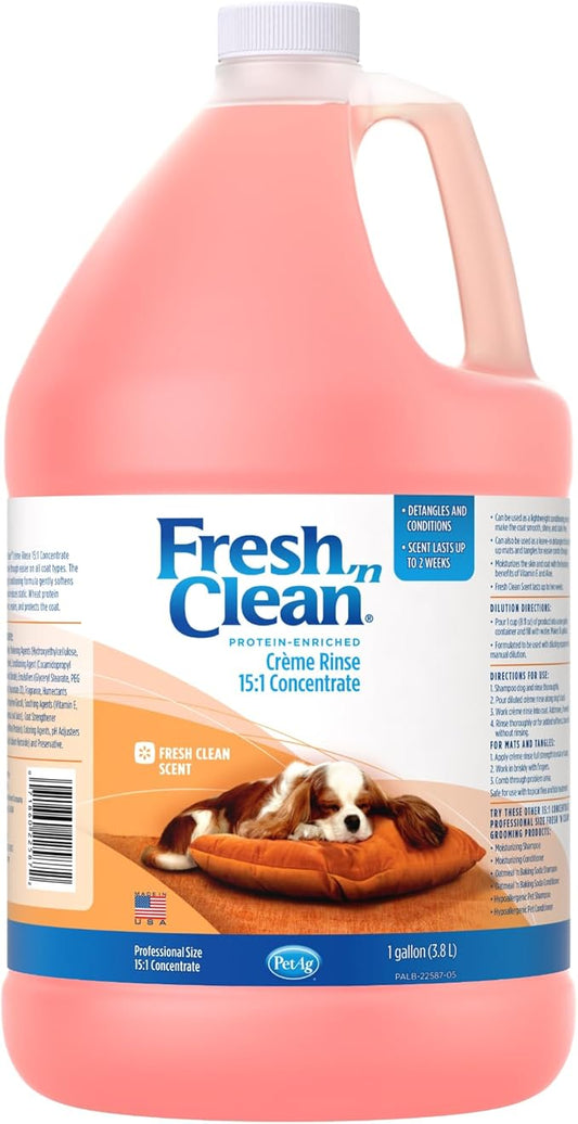 PetAg Fresh ’n Clean Scented Creme Rinse, Classic Fresh Scent (15:1 Concentrate) - 1 Gallon - Conditions Coat and Moisturizes Skin with Vitamin E & Aloe Vera - Soap Free