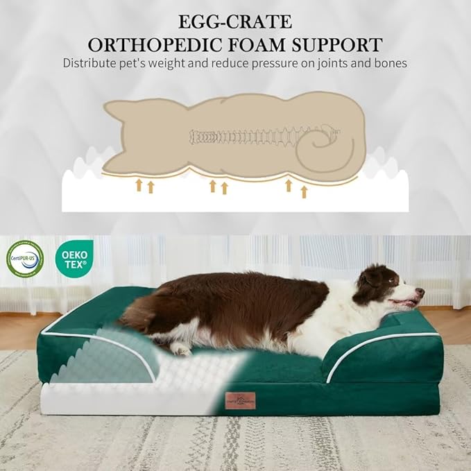 Orthopedic Large Dog Beds, Waterproof Dog Beds for Large Dogs, Comfy Washable Pet Bed Sofa with Removable Cover & Non-Slip Bottom(Large,Emerald)