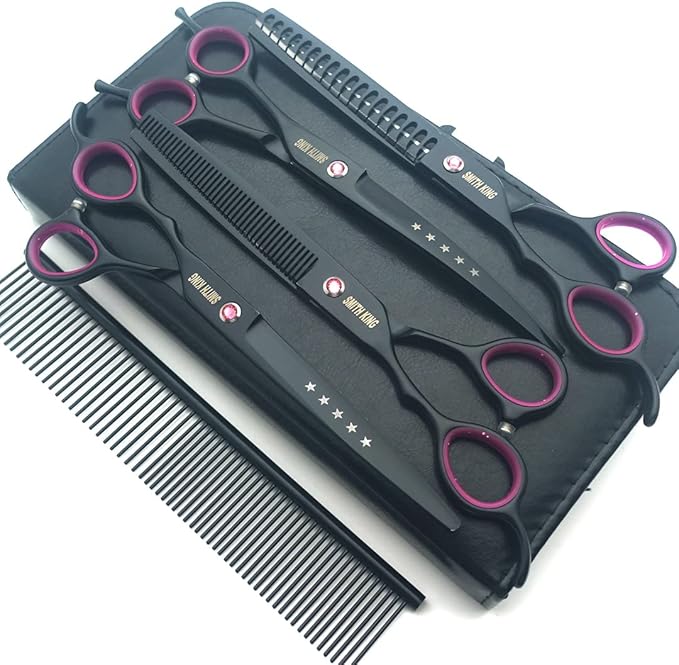 Professional Dog Grooming Shears Set Dogs Straight & thinning & Curved scissors & chunkers Scissorswith comb in 1 Set for Right-handed & Left-handed (7 in. Black Left-handed)